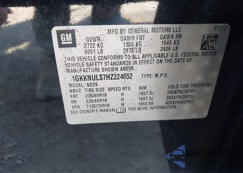 2017 GMC Acadia Slt-1 из США, поврежденный, VIN 1GKKNULS7HZ224652